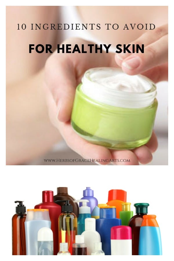 Bottles of chemicals with the caption "to ingredients to avoid for healthy skin."