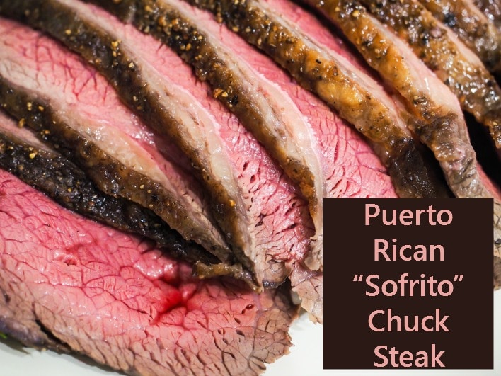 Chuck steak at it's finest! This slow cooking chuck steak emboldened with the flavors of Puerto Rico Sofrito will soon become a family favorite. Created by HybridRastaMama.com.