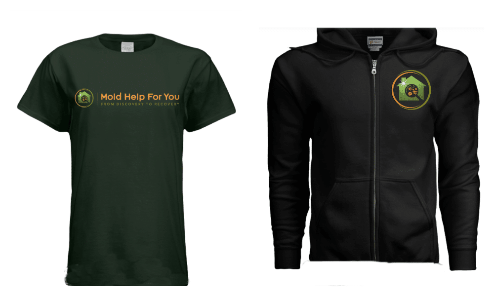 Mold Help For You green t-shirt and black hoodie. 