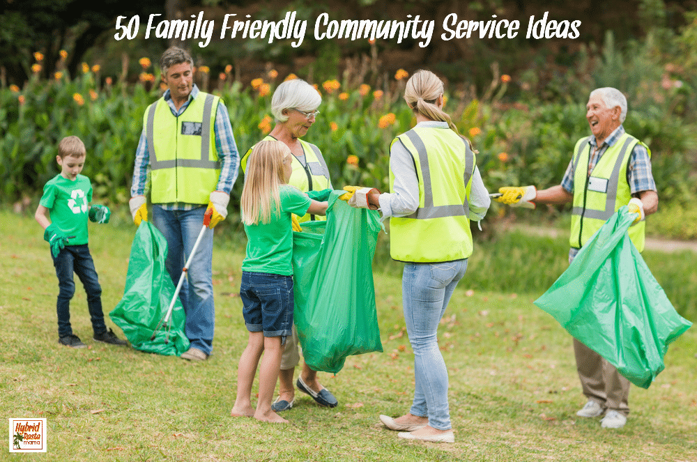 A family doing community service by picking up trash