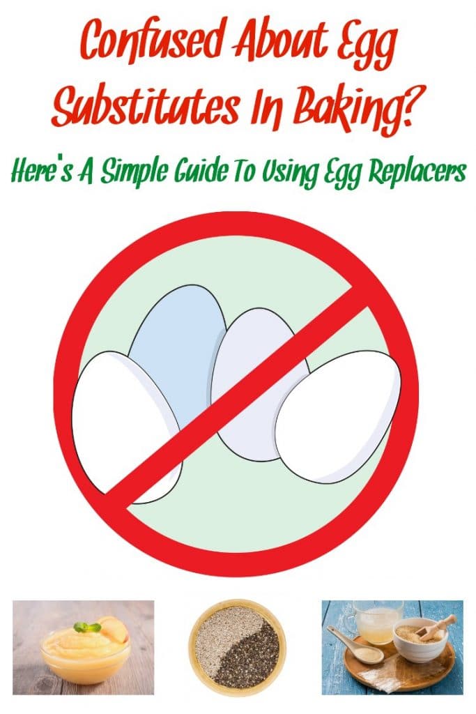 A "no eggs" sign, a bowl of chia seeds, a bowl of applesauce, and various gelatin powders to use as egg replacers