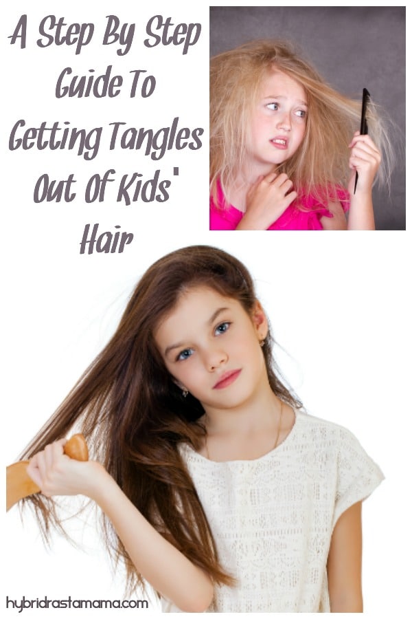 Girl with crazy tangled hair trying to comb it out in this step by step guide to getting tangles out of kids' hair