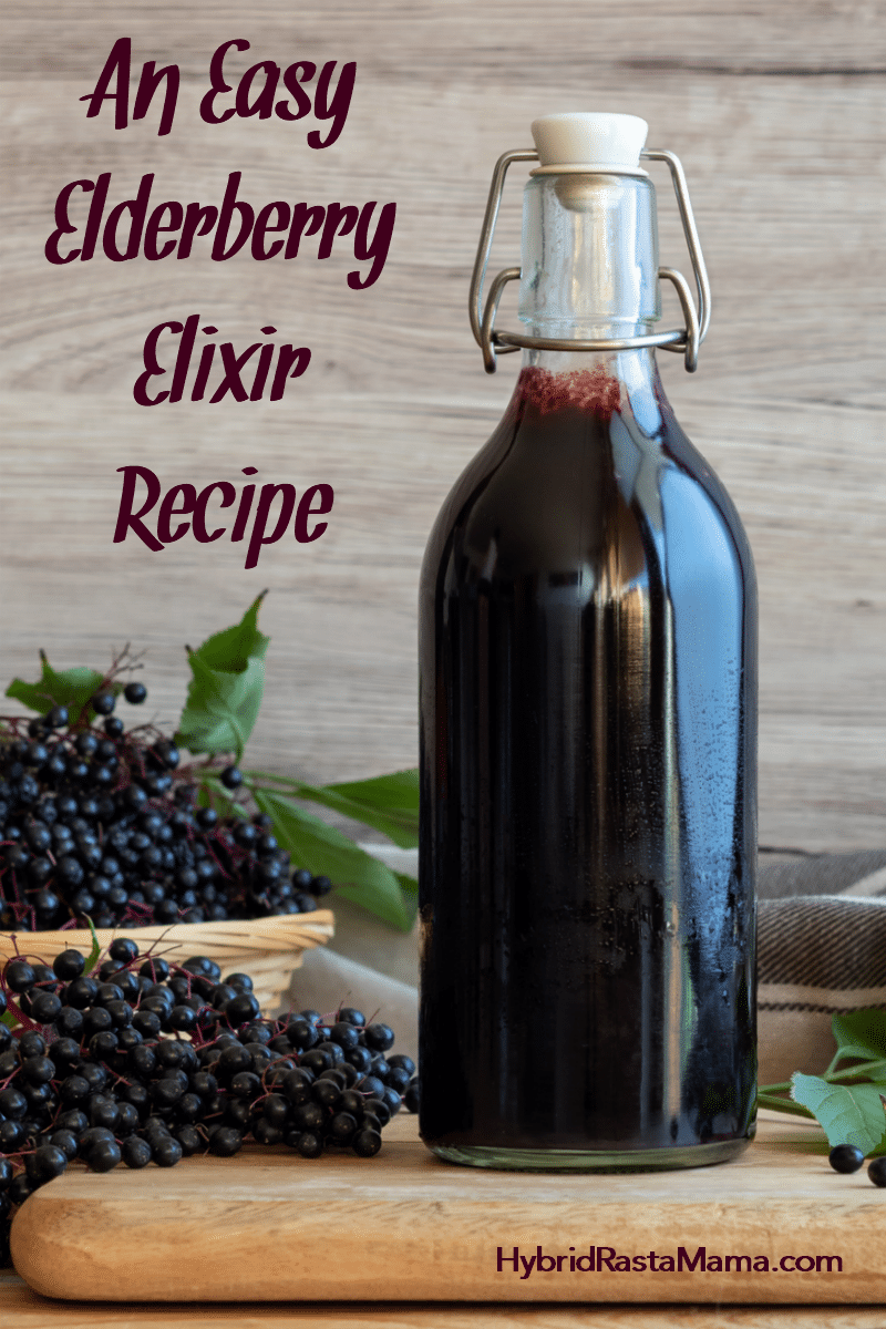 A flip top bottle of easy elderberry elixir