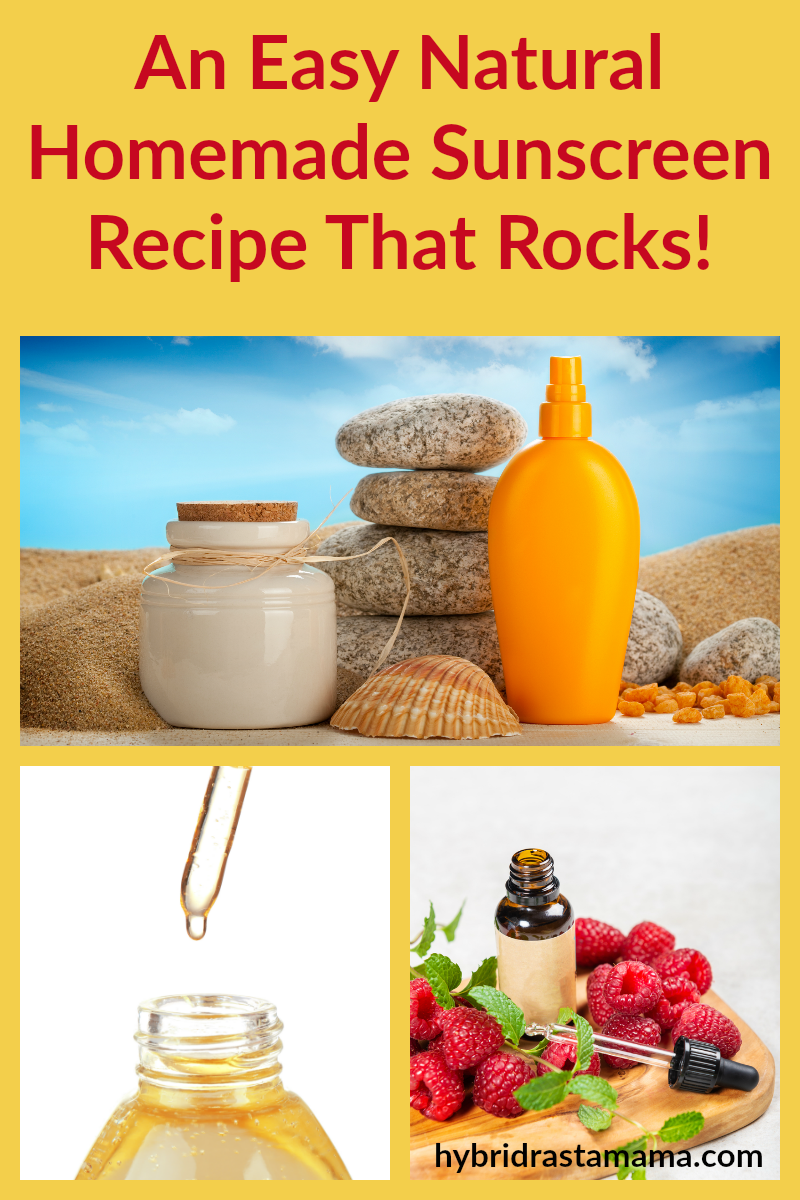 Natural homemade sunscreen in a bottle on the beach plus red raspberry seed oil in a dropper bottle