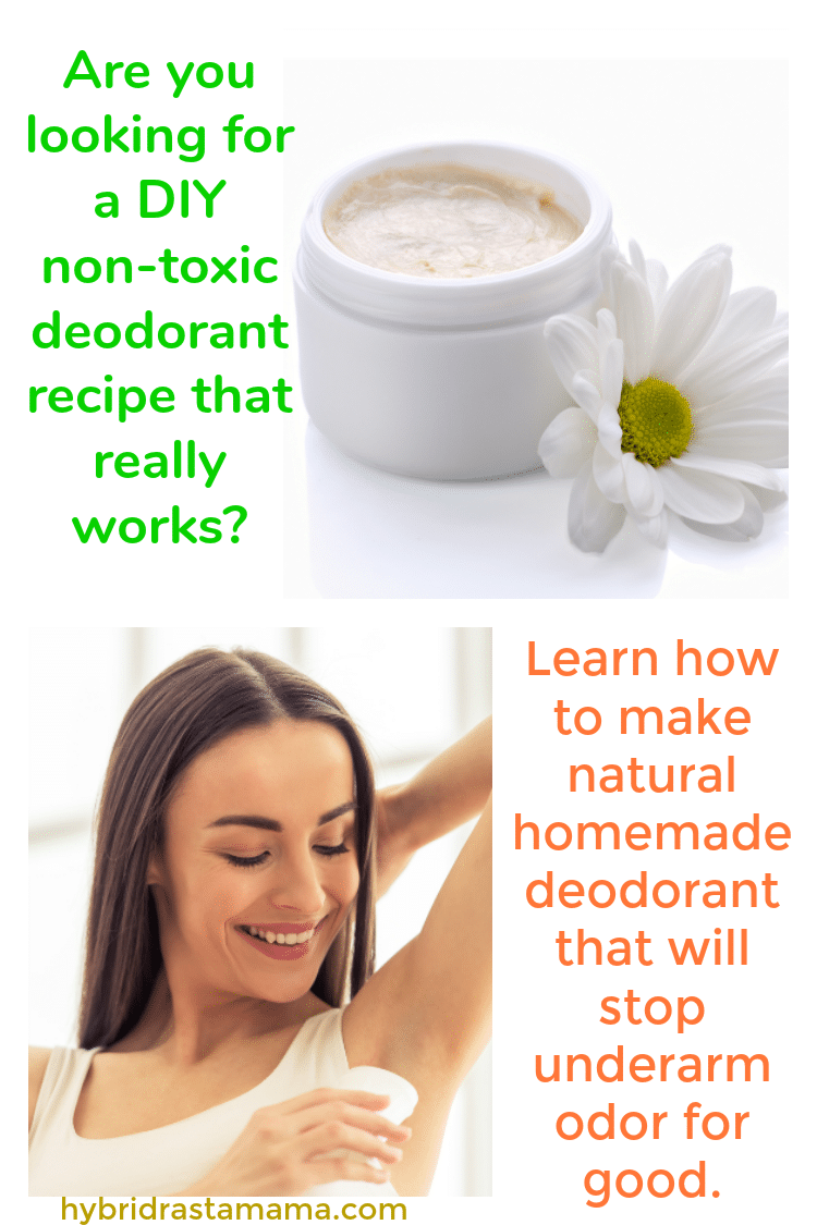 A brunette woman putting DIY non-toxic deodorant on her armpits. Above that is an image of the probiotic deodorant in a white plastic jar.