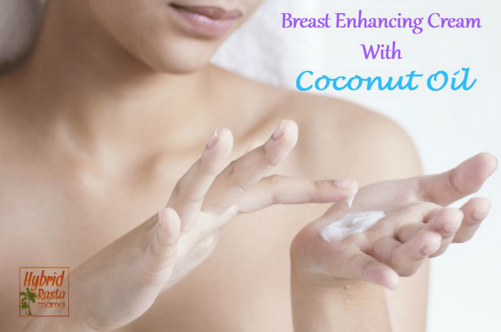 A woman rubbing breast enhancing cream in the palm of her hand