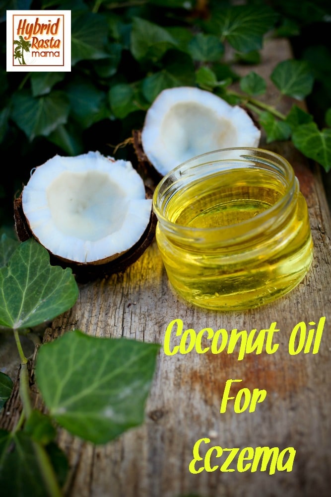 A small jar of liquefied coconut oil on a wooden background. Coconut oil for eczema is written below the image.