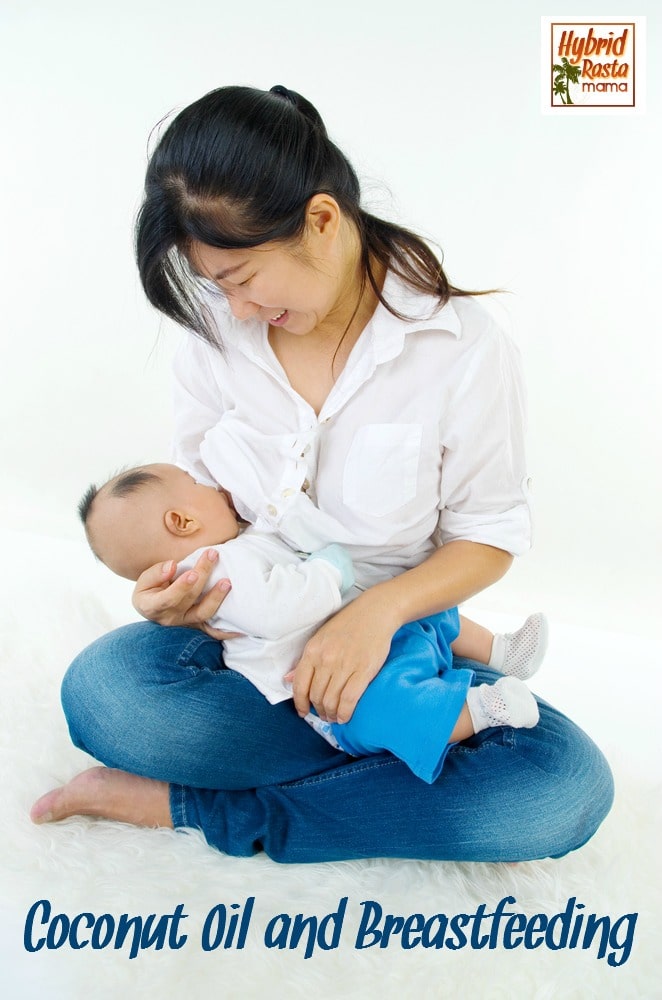 An asian woman breastfeeding her baby on a rug. Underneath them "coconut oil for breastfeeding" is written in blue font.