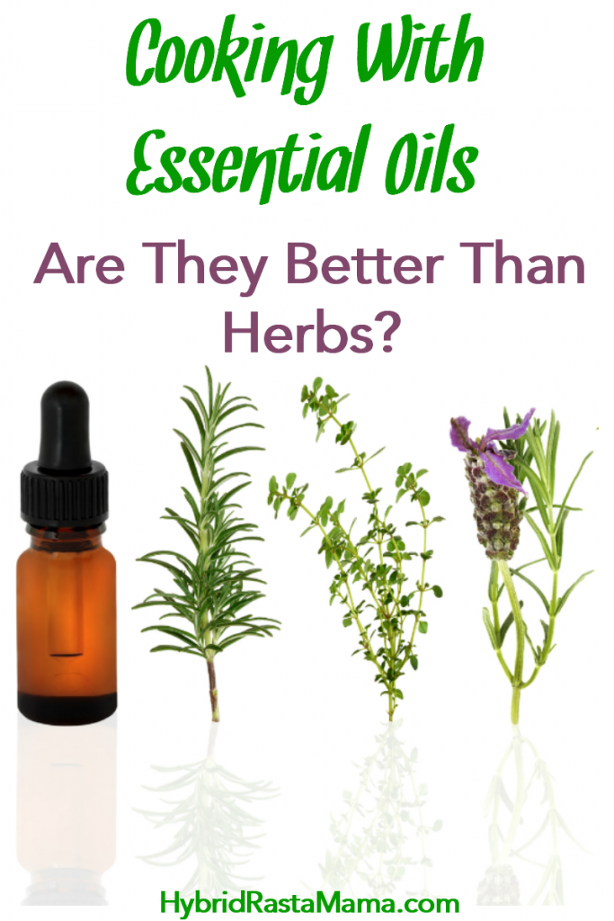 Three fresh herbs next to a bottle of essential oil. The caption read "cooking with essential oils - are they better than herbs?"