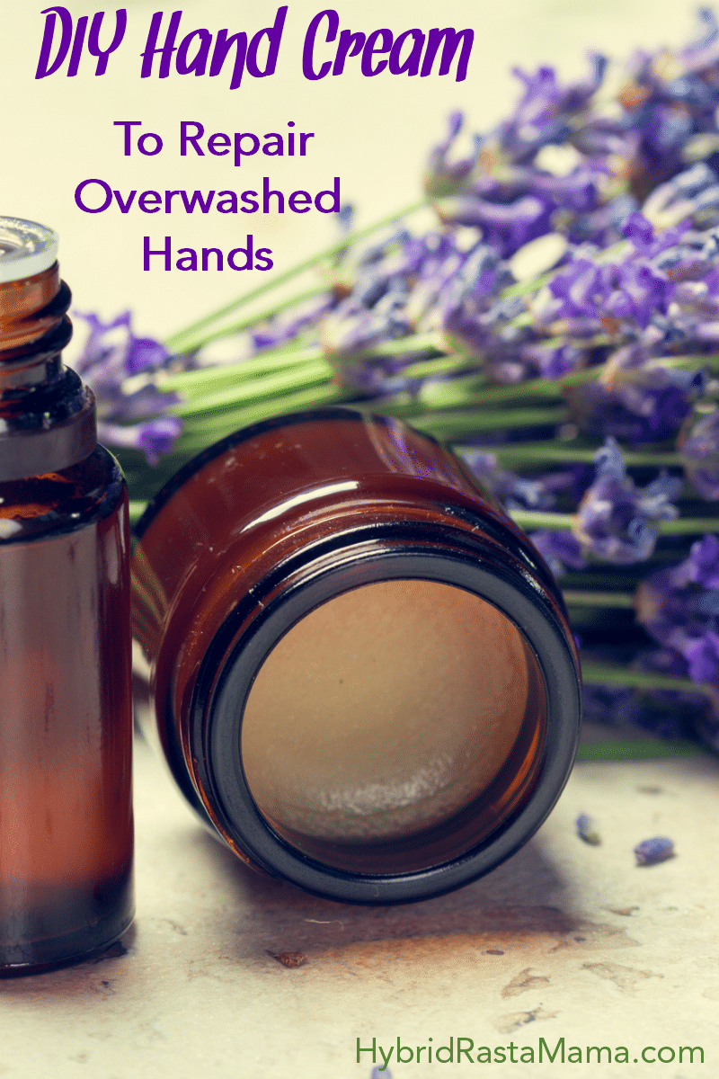 DIY Hand Cream To Repair Overwashed Hands in an amber colored jar with lavendar sprigs next to it