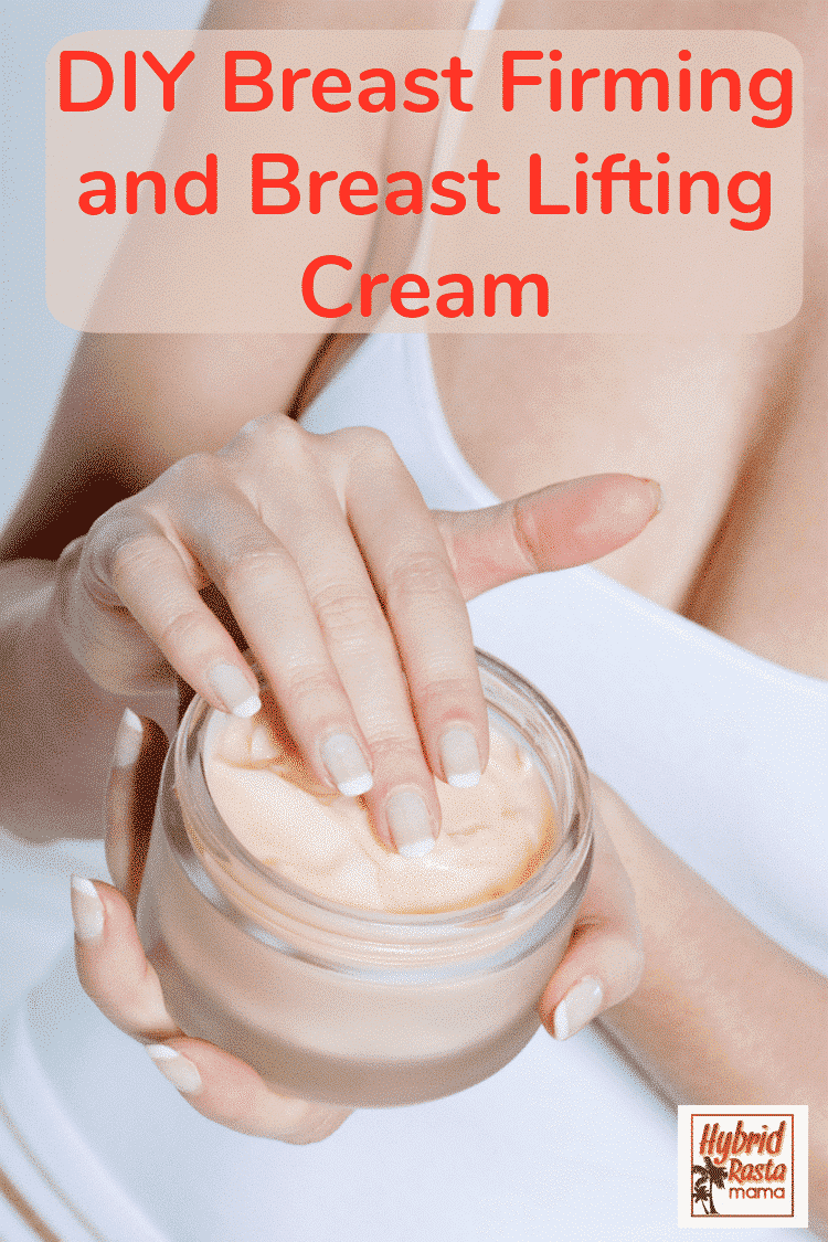 A women scooping out DIY breast firming and breast lifting cream from an opaque glass jar.