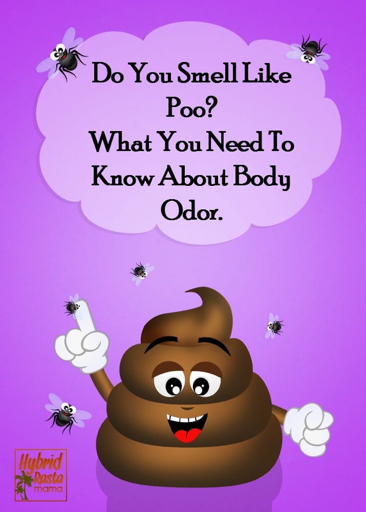 A poop cartoon with flies surrounding it. A sign next to it with the words "do you smell like poo? What you need to know about body odor."