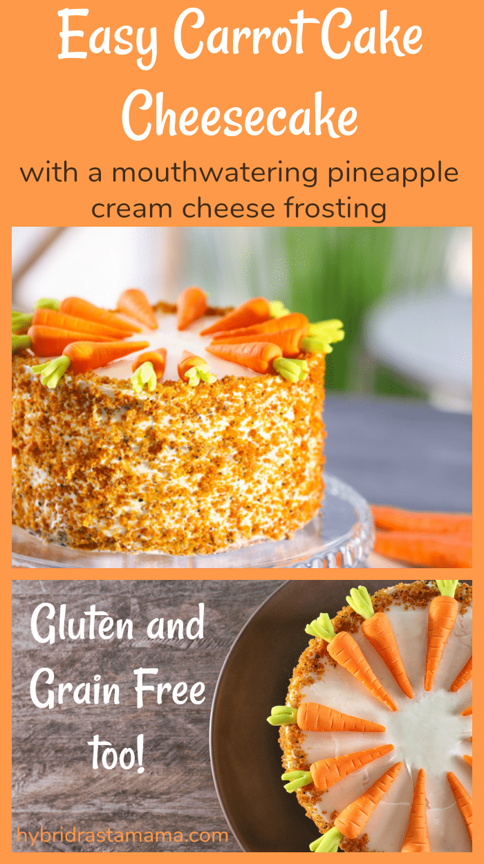 A gluten free carrot cake cheesecake with pineapple cream cheese frosting on a white plate