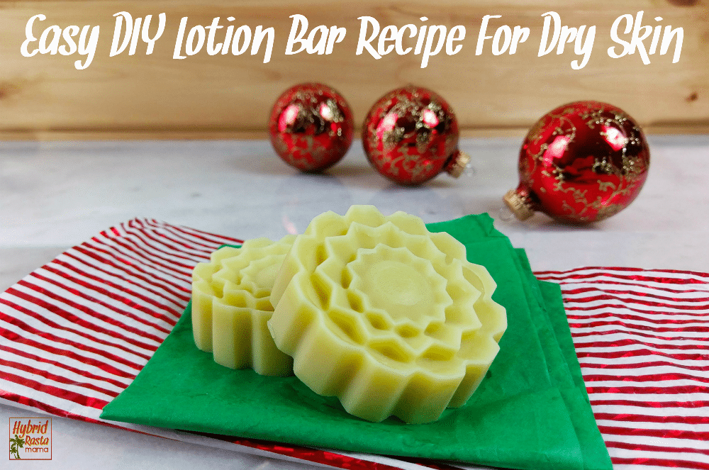 Easy DIY lotion bars with a Christmas scent on a green napkin with red ball ornaments in the background