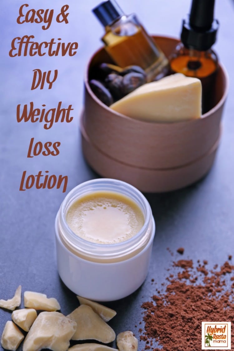 Easy and effective homemade DIY weight loss lotion jar with chunks of cocoa butter and powerdered coffee on a blue background.