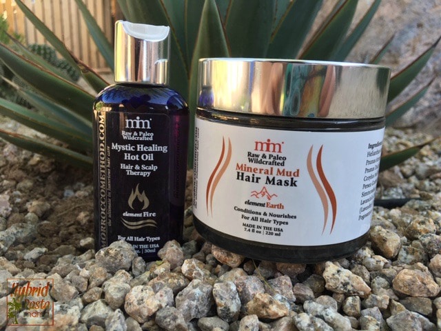 Morrocco Method Mineral Mud Hair Mask and Mystic Healing Hot Oil set against a desert landscape