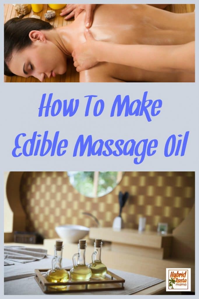 Woman lying on a bamboo mat getting a massage with edible massage oil. Lower image is three bottle of all natural massage oil.
