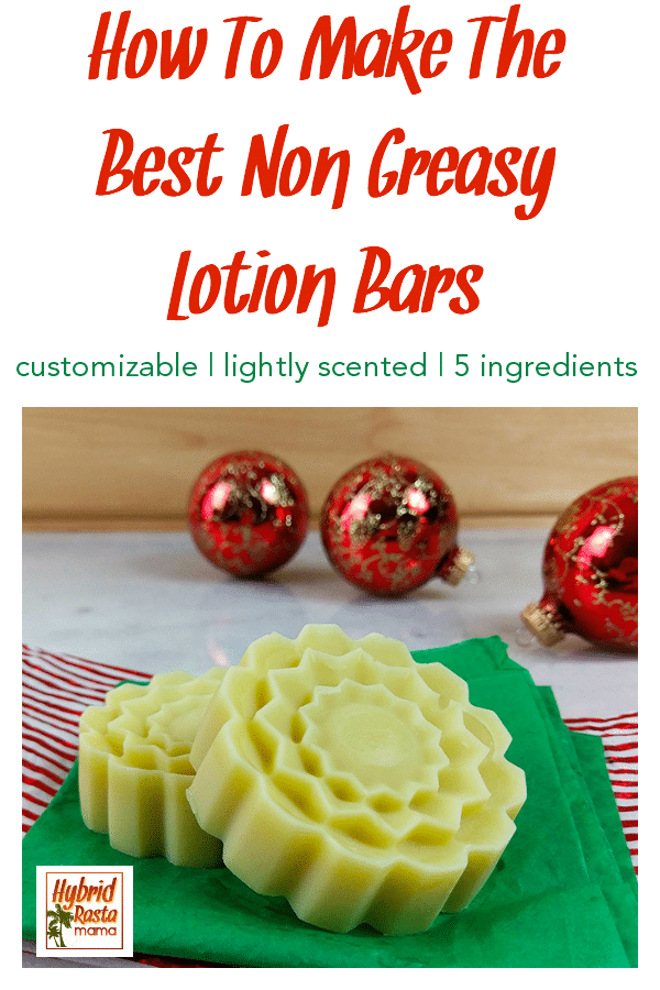Easy DIY lotion bars with a Christmas scent on a green napkin with red ball ornaments in the background