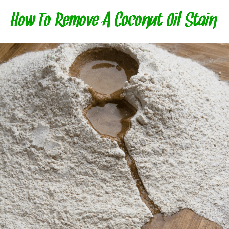 Spilled coconut oil on a hardwood floor with the words "how to remove a coconut oil stain."