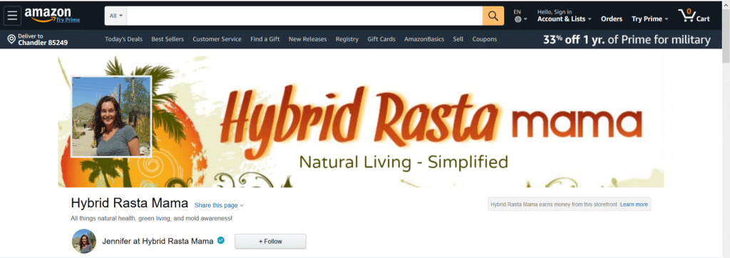 A screenshot of the Hybrid Rasta Mama Amazon Influencer Storefront