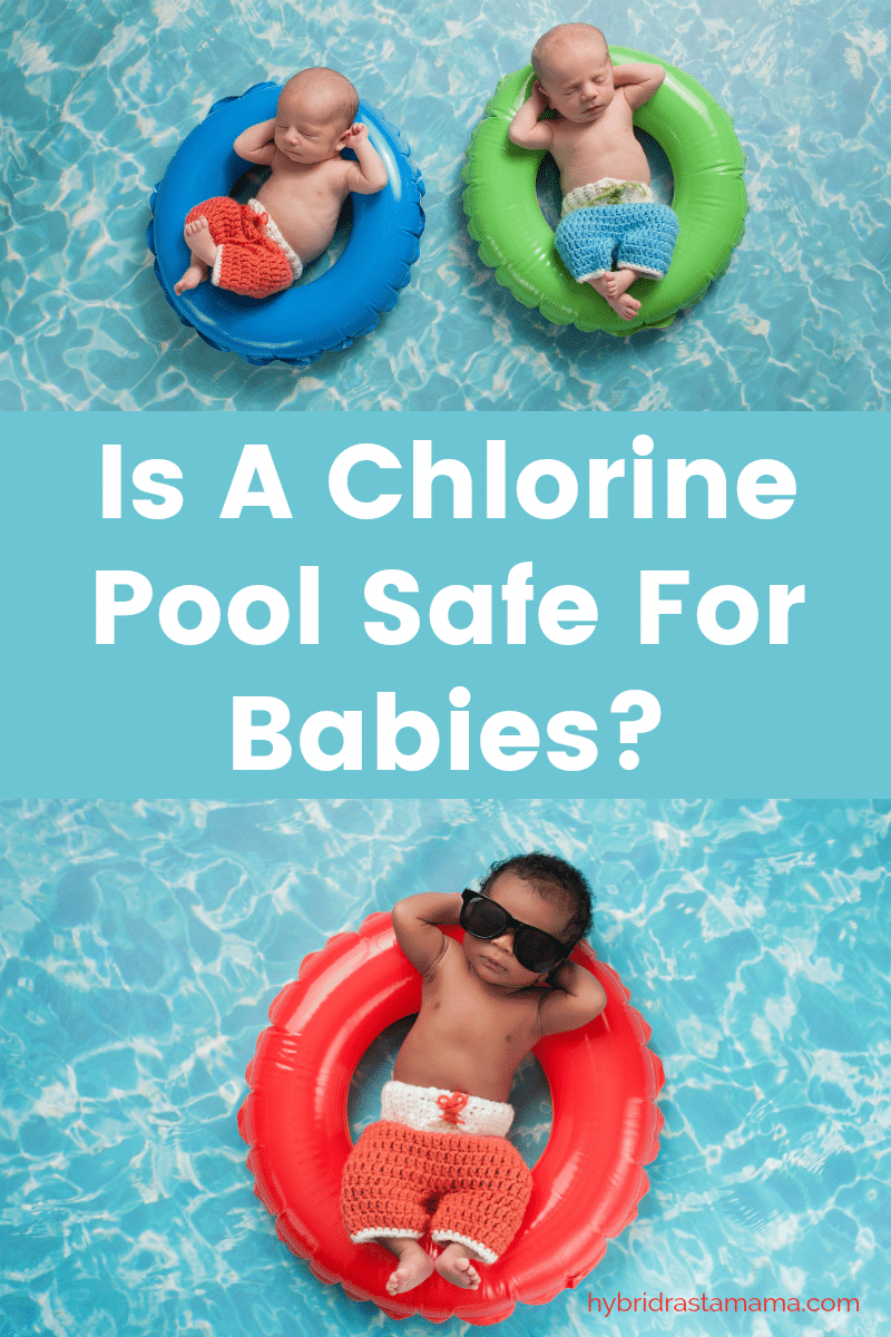 Three newborn babies in a chlorine pool floating on innertubes