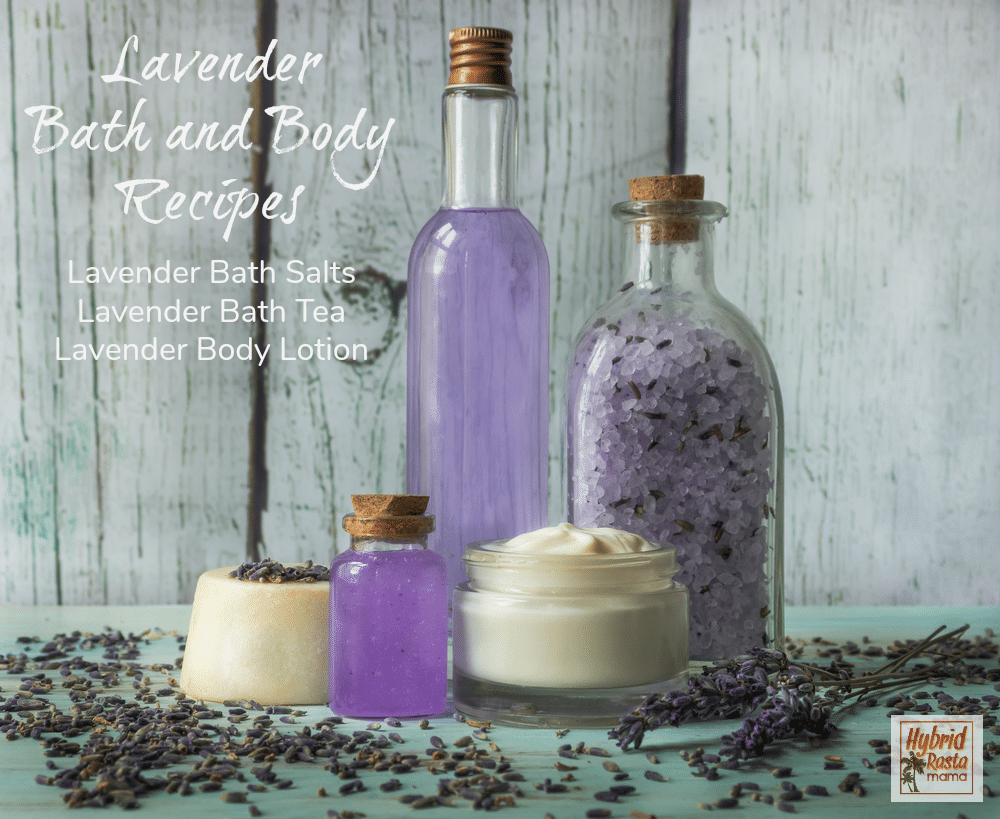 A collection of lavender bath products including lavender bath tea, lavender bath salts, and lavender body butter