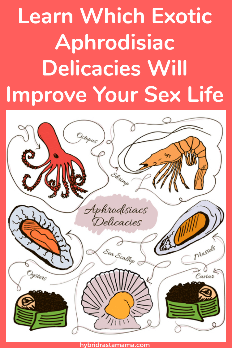 Collage of aphrodisiac foods to improve sex life including oysters, scallops, cavier, mussells, and shrimp.