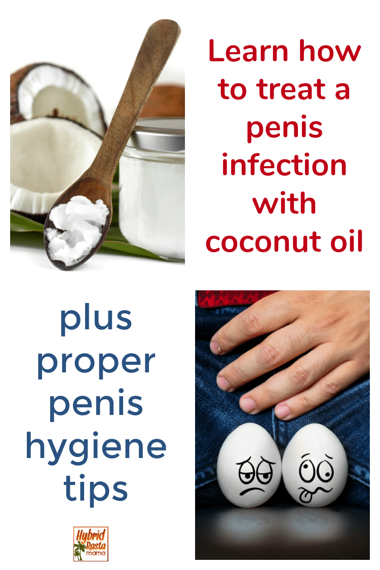 A jar of coconut oil plus a close up of a man's groin with two white eggs with sad faces. The idea is that the man has balanitis or another penis infection and doesn't know how to treat it.