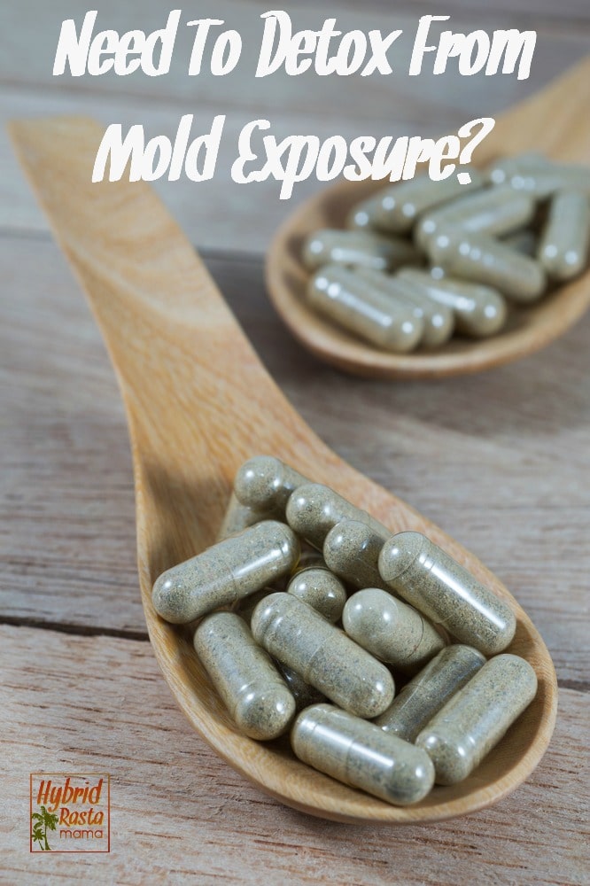 Herbal capsules in a wooden spoon on a light wooden background. These are supplements to detox from mold exposure. 