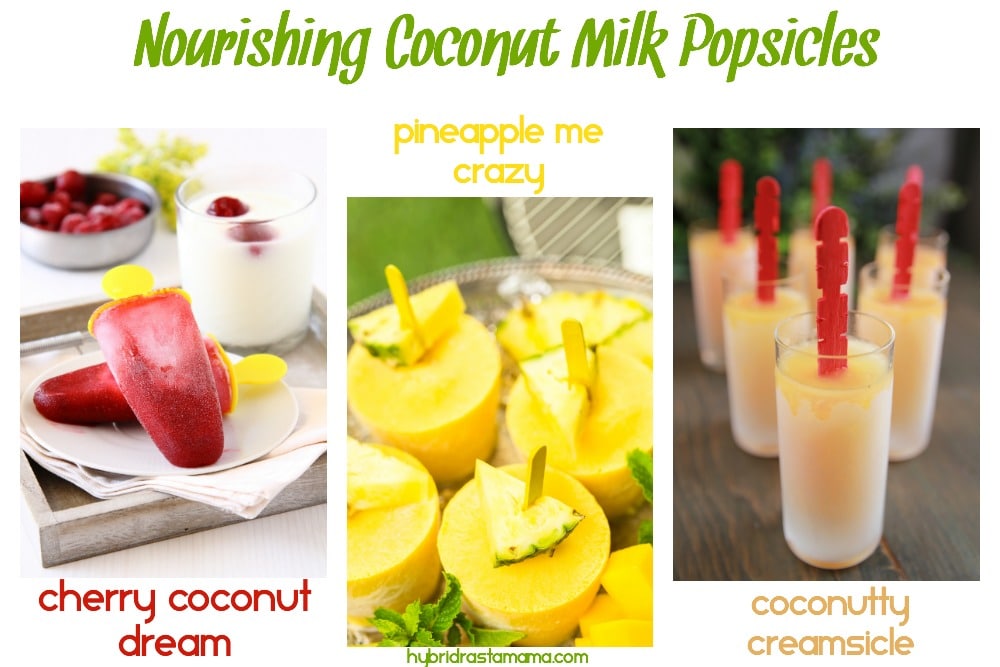 Coconut milk popsicle collage - cherry, pineapple, and creamsicle