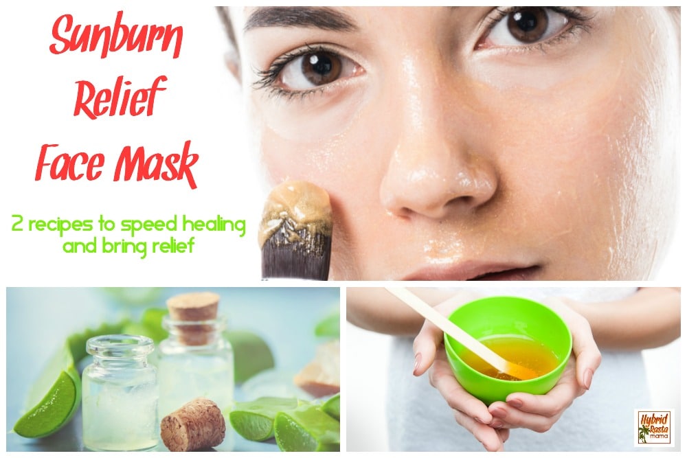 Sunburn relief face mask collage - honey face mask in bowl and aloe gel face mask in small clear jar