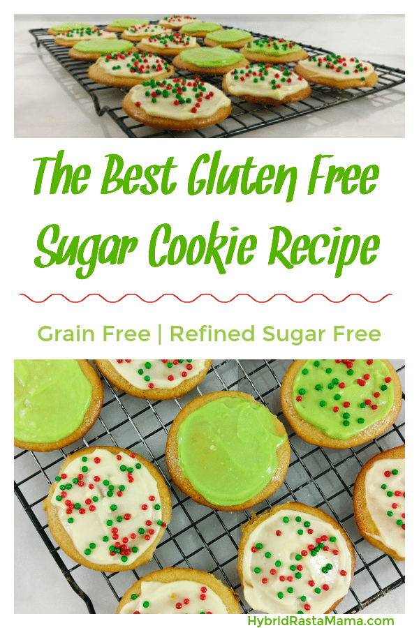 Gluten free sugar cookies on a wire cooling rack. They are frosted in white and green with christmas color round sprinkles.