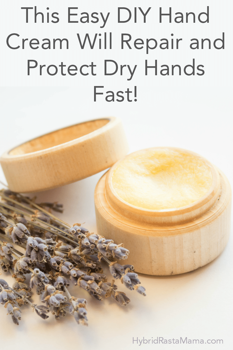 DIY hand cream to repair overwashed hands in a small wooden container with a sprig of lavender next to it