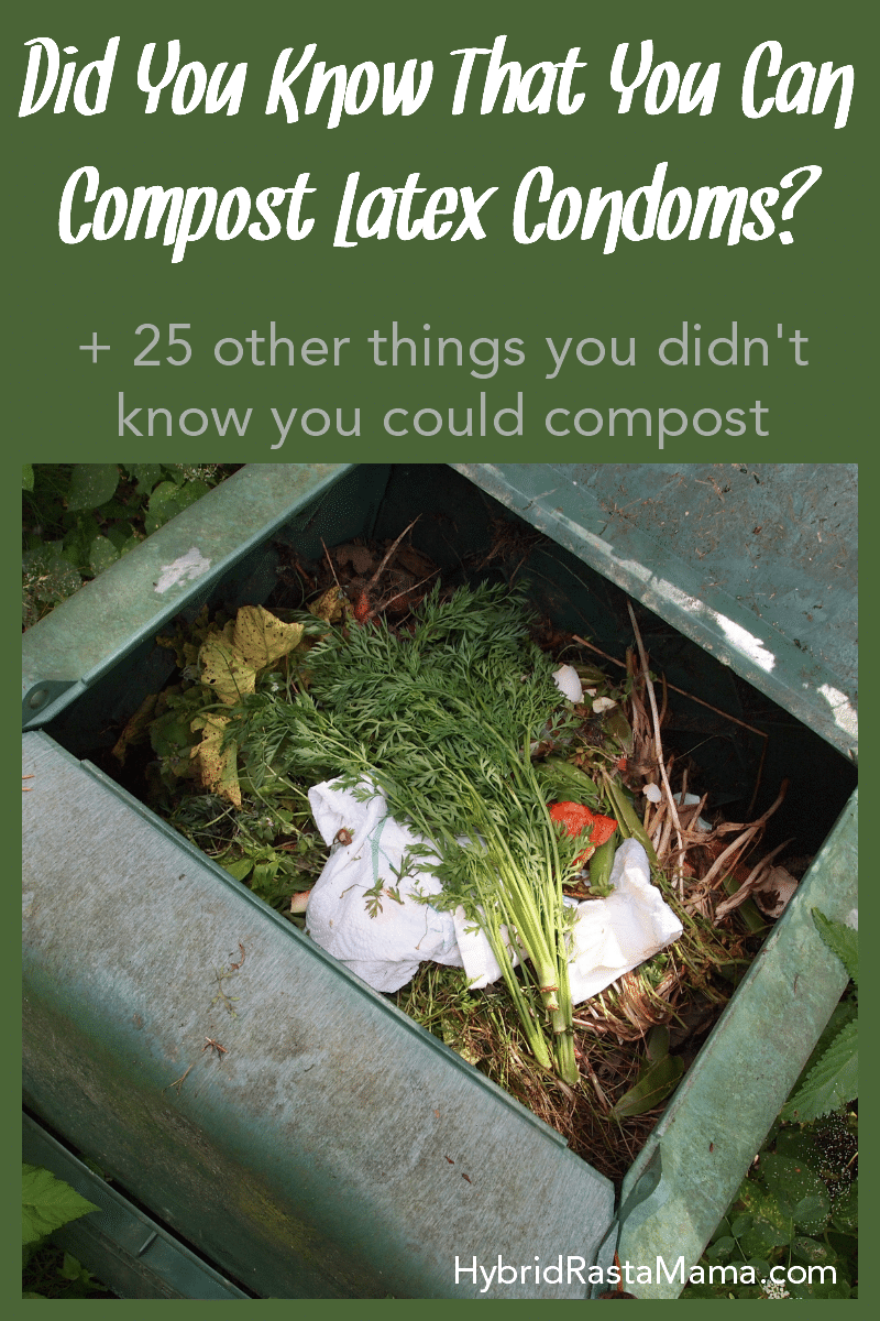 A compost bin with latex condoms and vegetables in it.